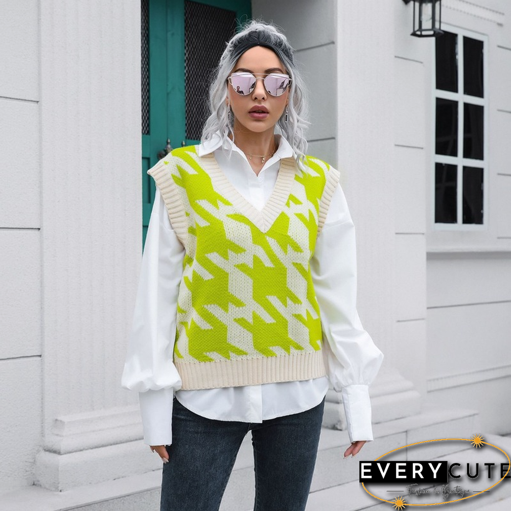 Houndstooth V-neck Vest Sweater Women's Tank Tops Outer Wear Inner Autumn And Winter Knitted Sweaters New Sweater