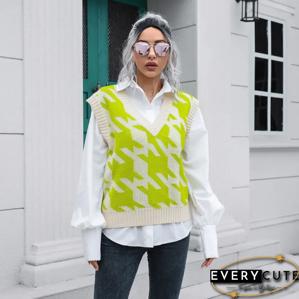 Houndstooth V-neck Vest Sweater Women's Tank Tops Outer Wear Inner Autumn And Winter Knitted Sweaters New Sweater