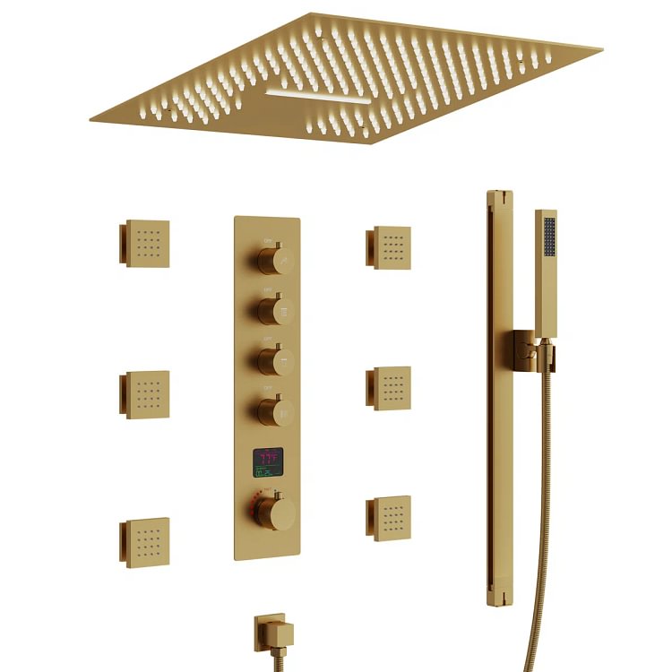 EVERSTEIN 16" Thermostatic Smart Shower System with Digital Display in Brushed Gold