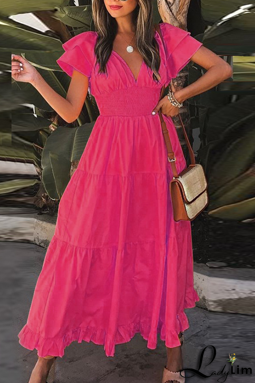 Light Blue Casual Solid Flounce V Neck Waist Skirt Dresses