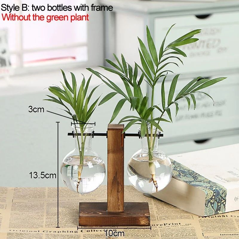 Terrarium Hydroponic Plant Vases Vintage Flower Pot Transparent Vase Wooden Frame Glass Tabletop Plants Bonsai Home Decorations