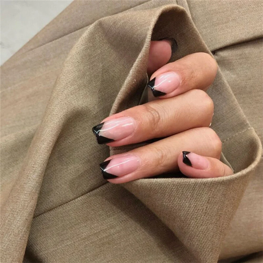 24pcs Detachable False Nails French with Black Line Fake Nails Full Cover Nail Art Tips Press on Nails with Glue Manicure Tools 515-Nail Inspo