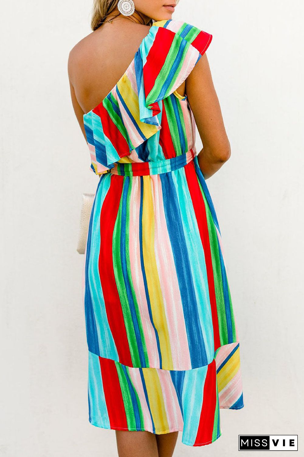 Fashion Street Striped Split Joint One Shoulder Irregular Dresses