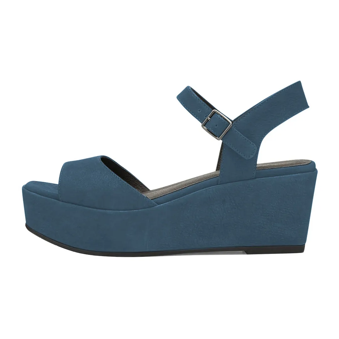 Blue Vegan Suede Ankle Strap Open Toe Platform Sandals for Women