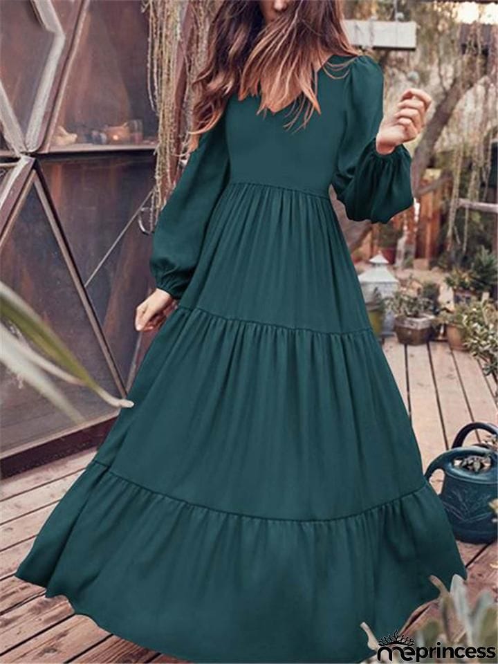 Stylish V Neck Long Sleeve Elastic Cuff Pleated Maxi Dress