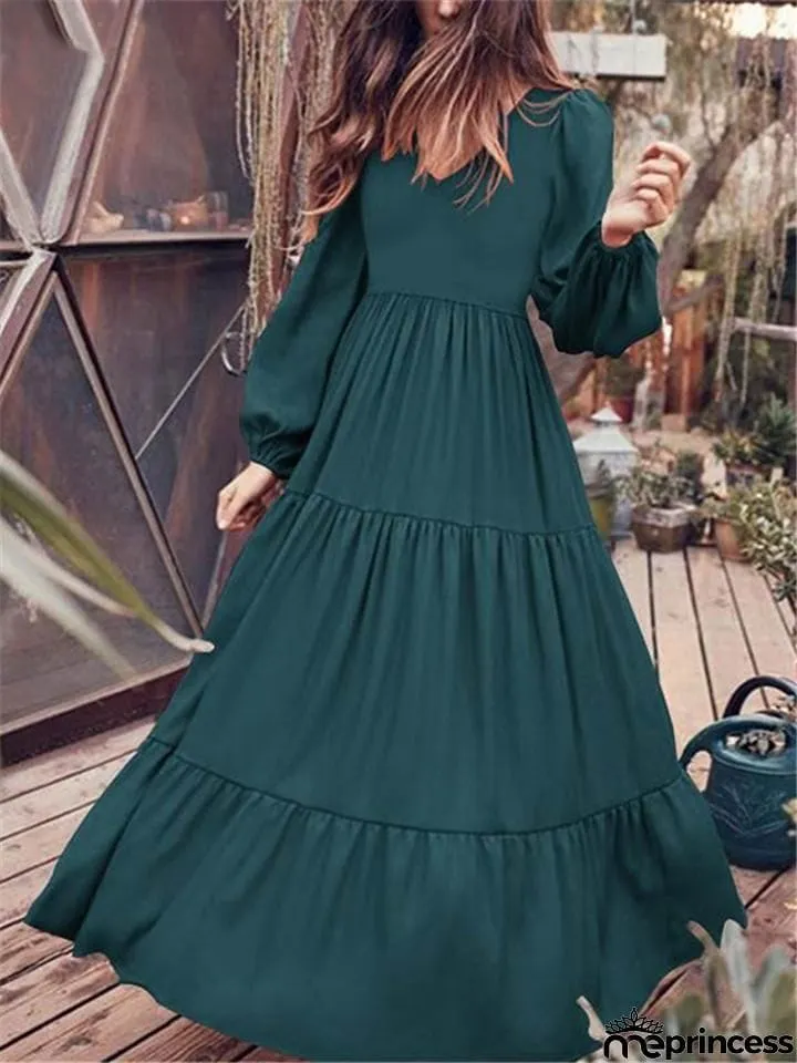 Stylish V Neck Long Sleeve Elastic Cuff Pleated Maxi Dress