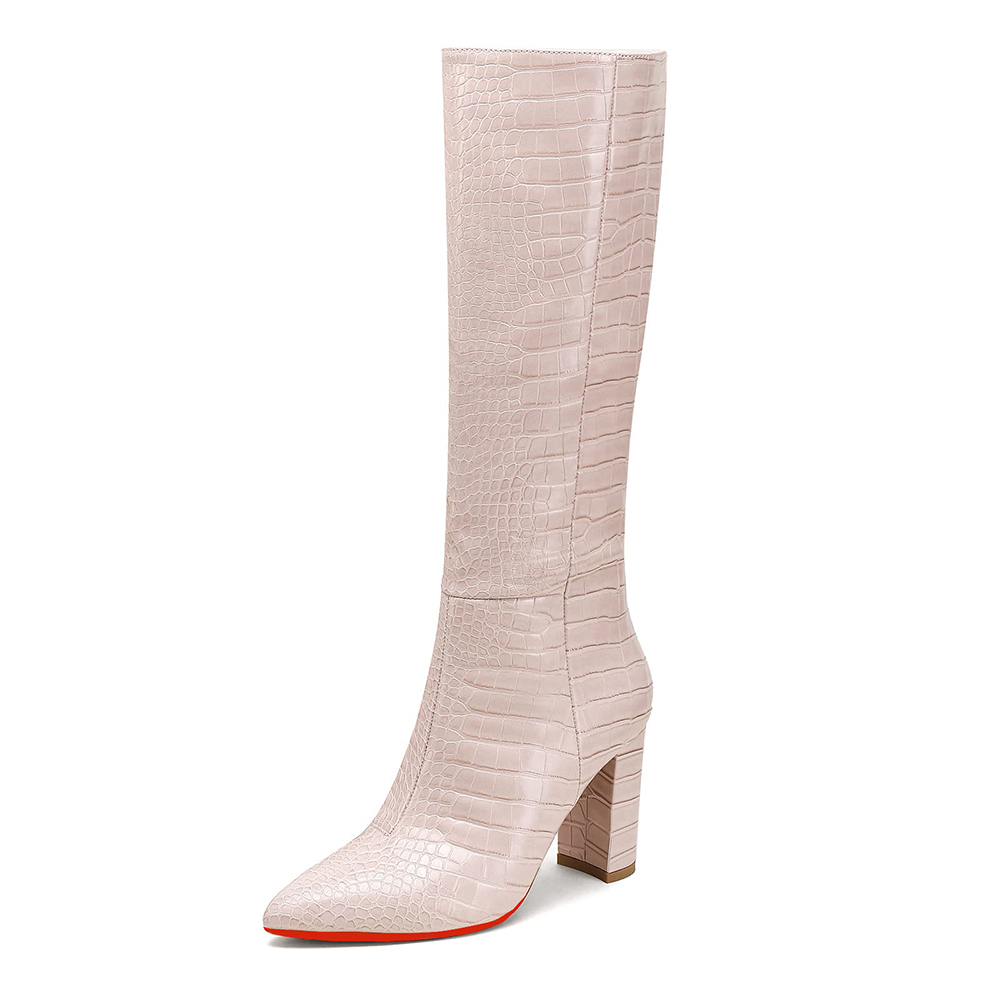 95mm/3.75 inch Women's Knee High Boots Thick Faux Alligator Boots Thick Heel Pointed Toe Red Bottom Boots