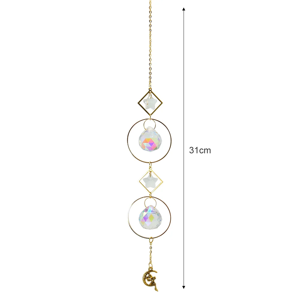 Crystal Wind Chime Star Moon Pendant Colorful Beads Hanging Drop Decor (A)