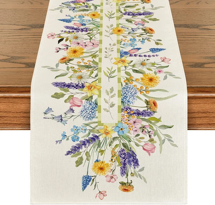 Bloom Flowers Tulip Spring Linen Table Runner Wedding Decoration Easter Table Runner for Holiday Party Kitchen Table Decor