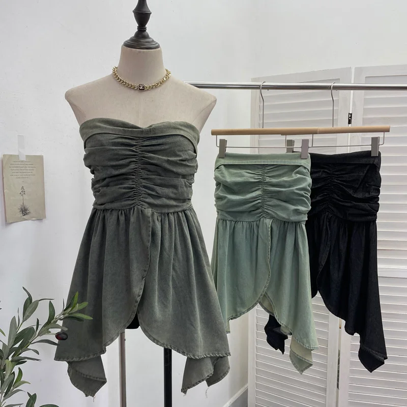 Uveng Real Shooting Niche Hottie Sexy Breast-Wearing Waist Folded Open Fork Water Washing Denim Wrapped Breastless Sleeveless Top 2636