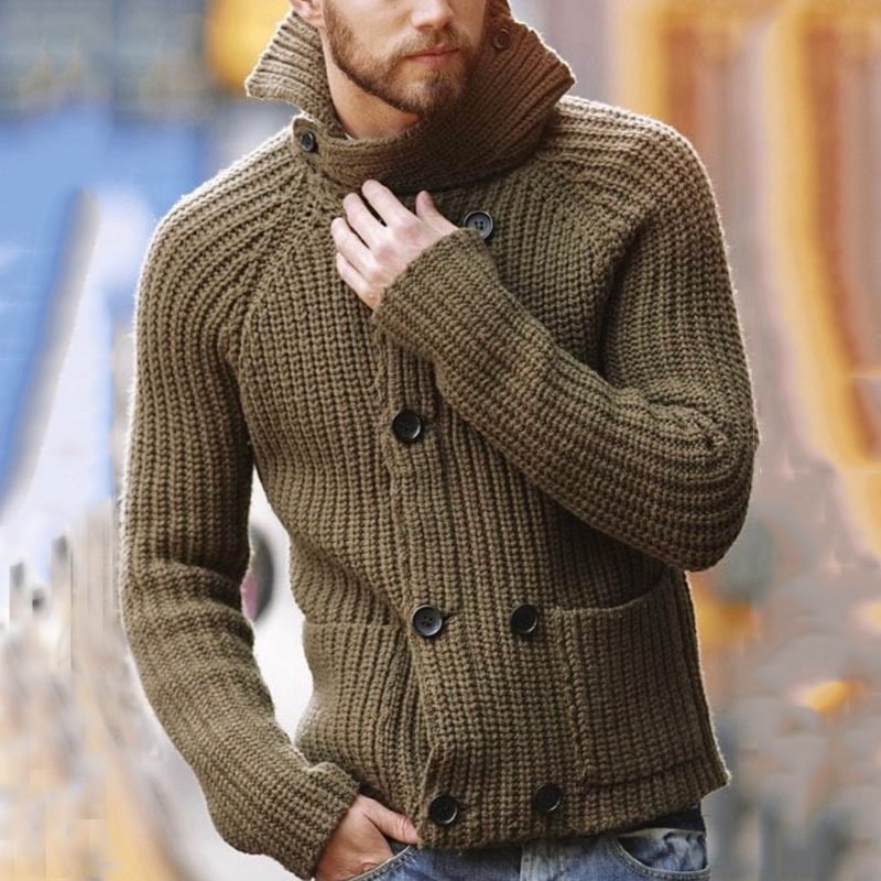 Men's Double Breasted Long Sleeve Sweater Turtleneck Knit Cardigan