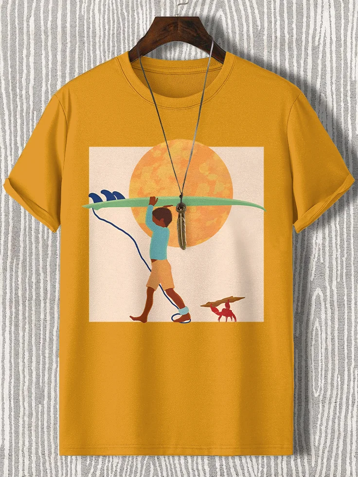 Men's Boy Holding Surfboard At The Seaside Print Cotton Casual T-Shirt