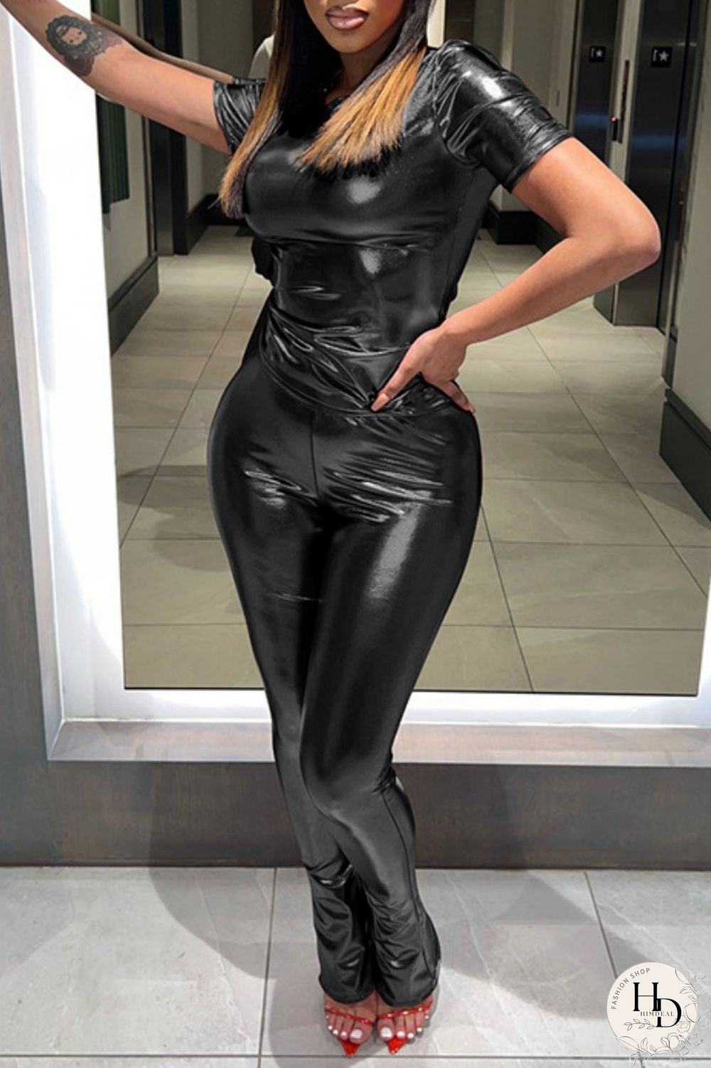 Red Casual Solid Basic O Neck Short Sleeve Two Pieces