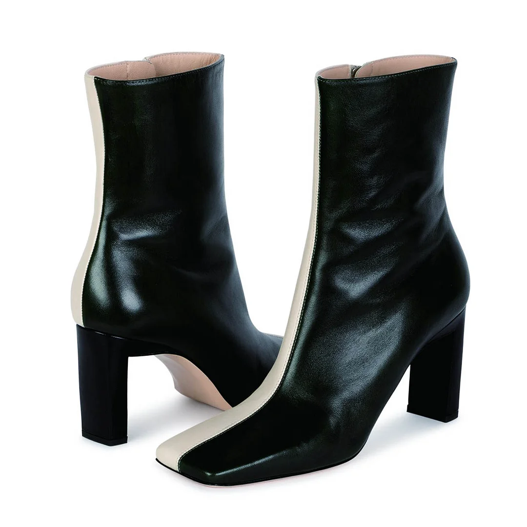 Black & White Two-Tone Color Square Toe Ankle Boots for Women