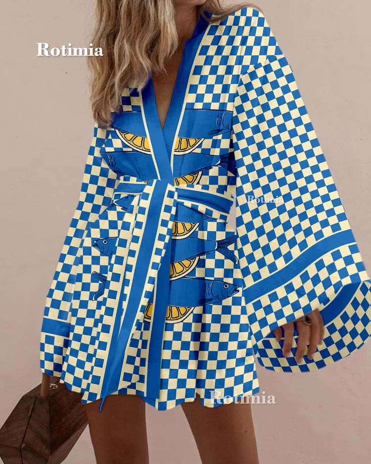 Vintage blue plaid fish print mini dress