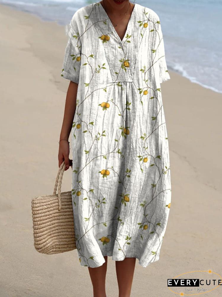 Plus Size Women Short Sleeve V Neck Vintage Plant Floral Casual Weaving Dress