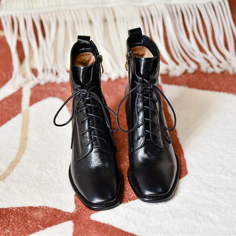 Meotina Real Leather High Heel Ankle Boots Women Shoes Square Toe Chunky Heels Zip Cross Tied Female Short Boots Autumn Brown