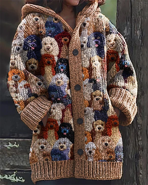 Vintage Cute Dog Print Hooded Cardigan