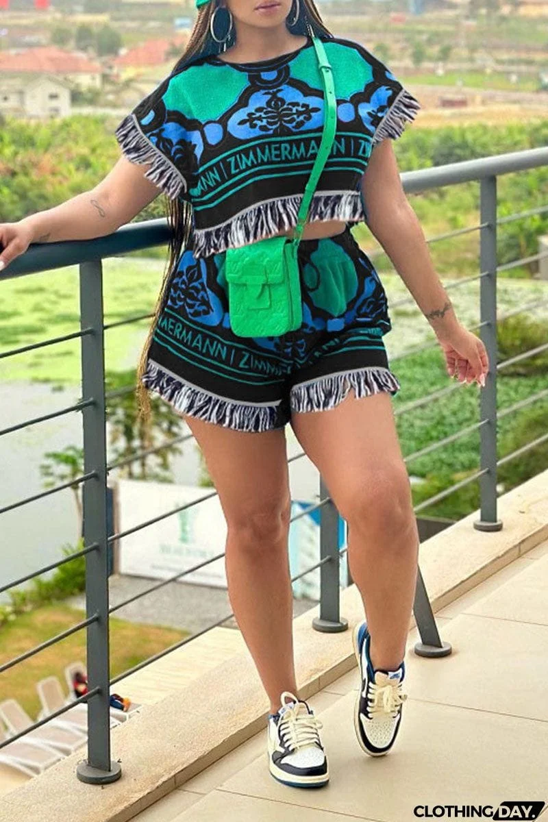 Casual Print Tassel Patchwork O Neck Short Sleeve Two Pieces