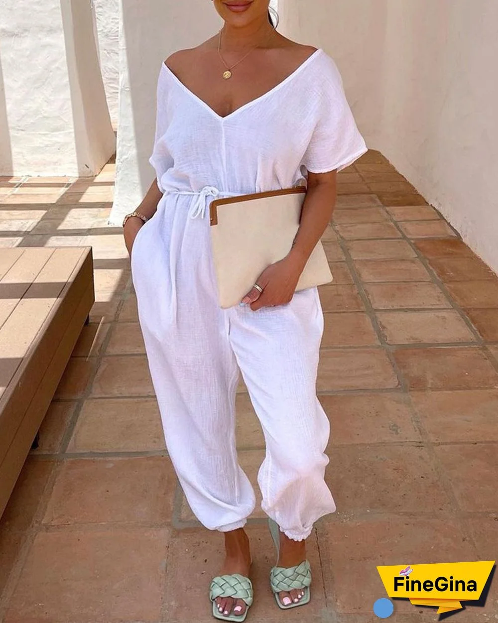 Pocket Design Short Sleeve Casual Jumpsuit