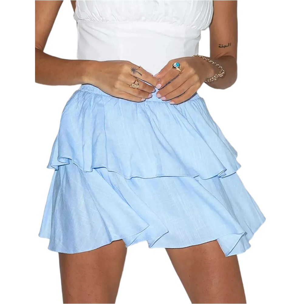 Light Blue Ruffle Double Layer Elastic Waist Mini Skirt