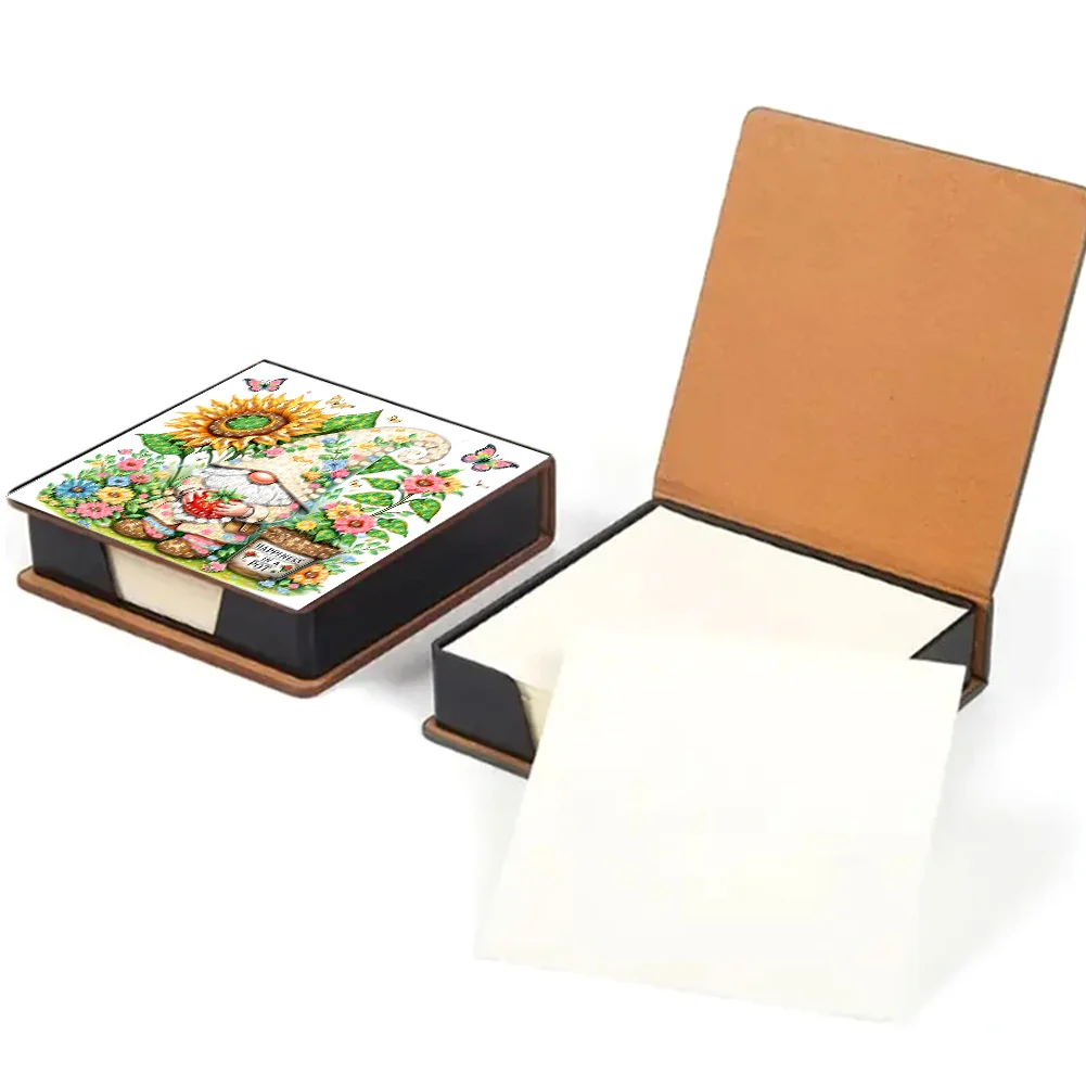 DIY Flower Gnome Leather Diamond Art Note Box with 160 Sheets of Paper for Beginners