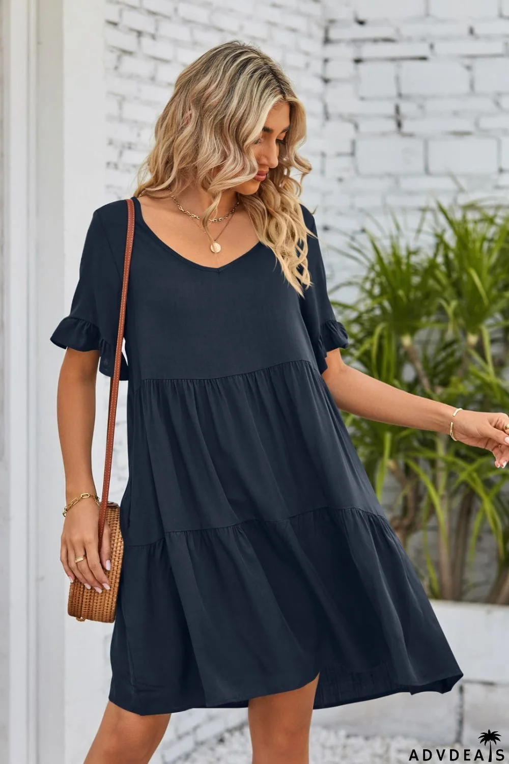 V-Neck Flounce Sleeve Tiered Dress