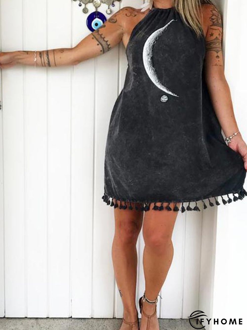Black Sleeveless Floral-Print Spaghetti Knitting Dress | IFYHOME