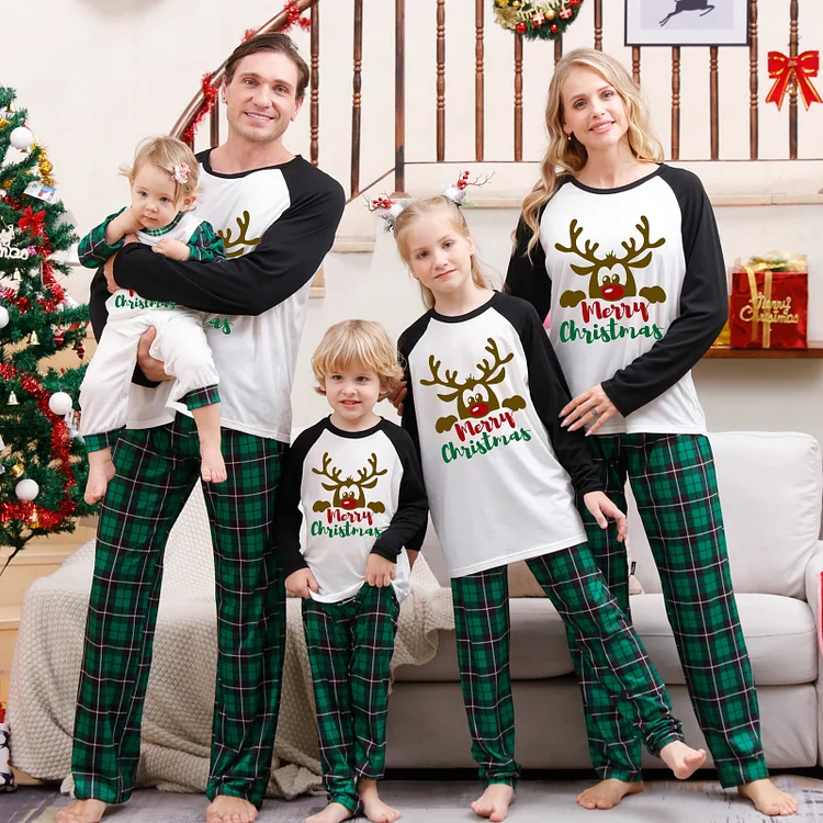 Christmas Moose Cartoon Print Green Plaid Family Matching Pajamas Sets