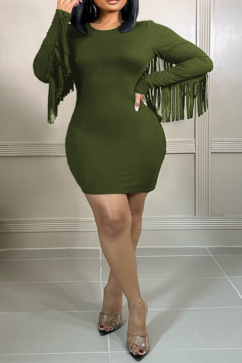 Ink Green Sexy Solid Tassel O Neck Pencil Skirt Plus Size Dresses | EGEMISS