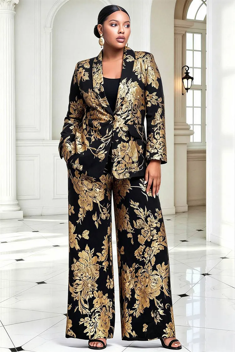 Xpluswear Design Plus Size Formal Black Foil Print Lapel Collar Long Sleeve Pocket Satin Two Piece Pant Sets [Pre-Order] 2024 - Xpluswear