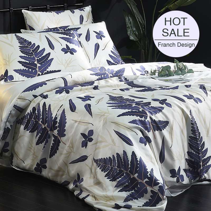 19 MOMME Parure de lit en soie imprimée feuillage violet (Ensemble 4 pièces)
