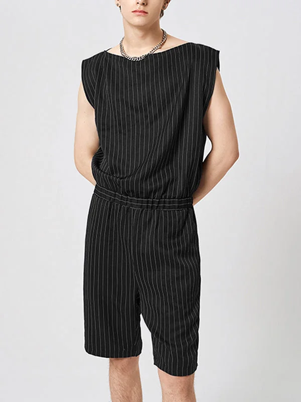 Aonga - Mens Striped Pattern Sleeveless Jumpsuit With Pocket J
