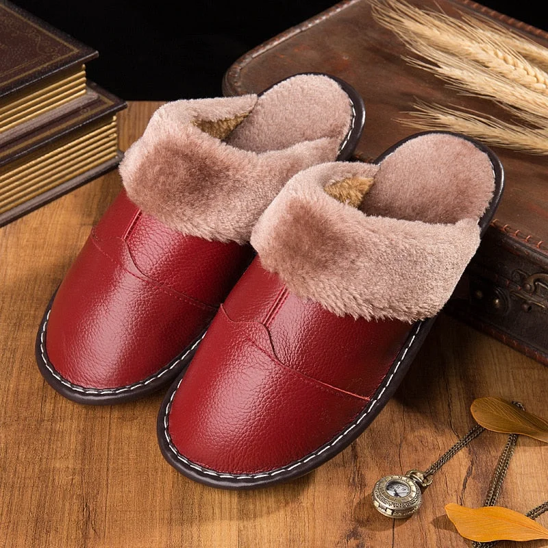 Female Anti-slip Warm Household Slipper Men Leather Slippers In Autumn And Winter Plus Size For 45 Couples Cotton Slippers