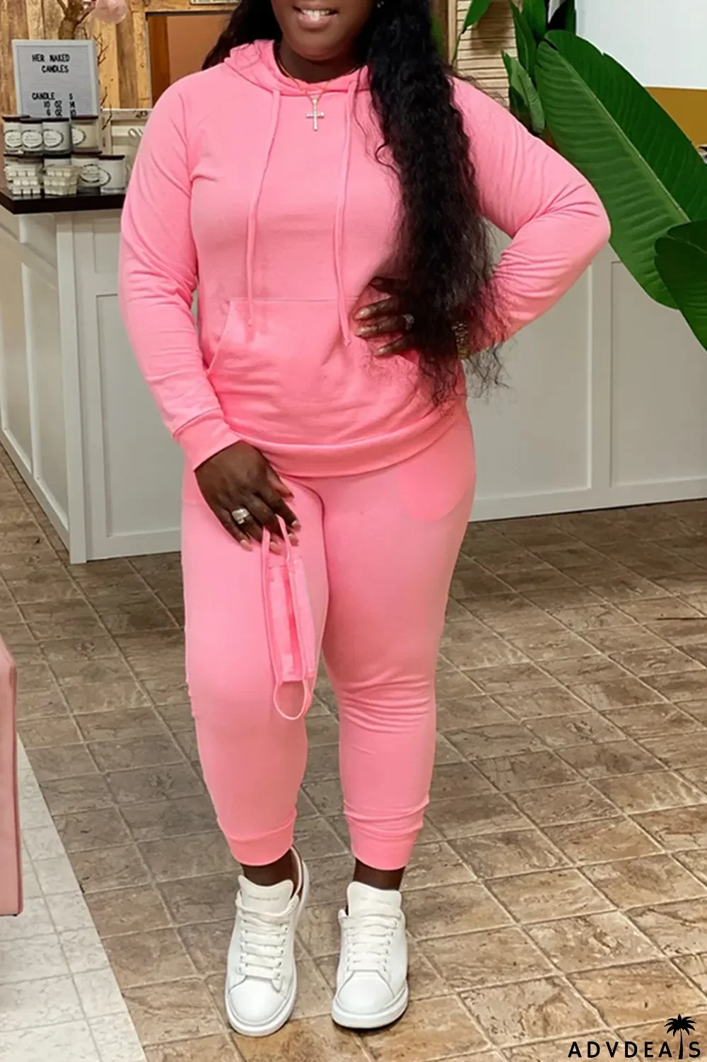 Pink Casual Solid Split Joint Hooded Collar Plus Size Two Pieces