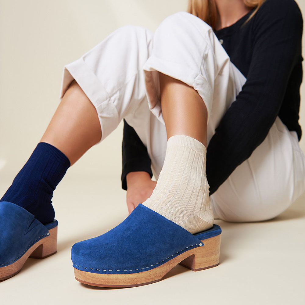 Navy Vegan Suede Round Toe Platform Heeled Clogs with Studded Nicepairs