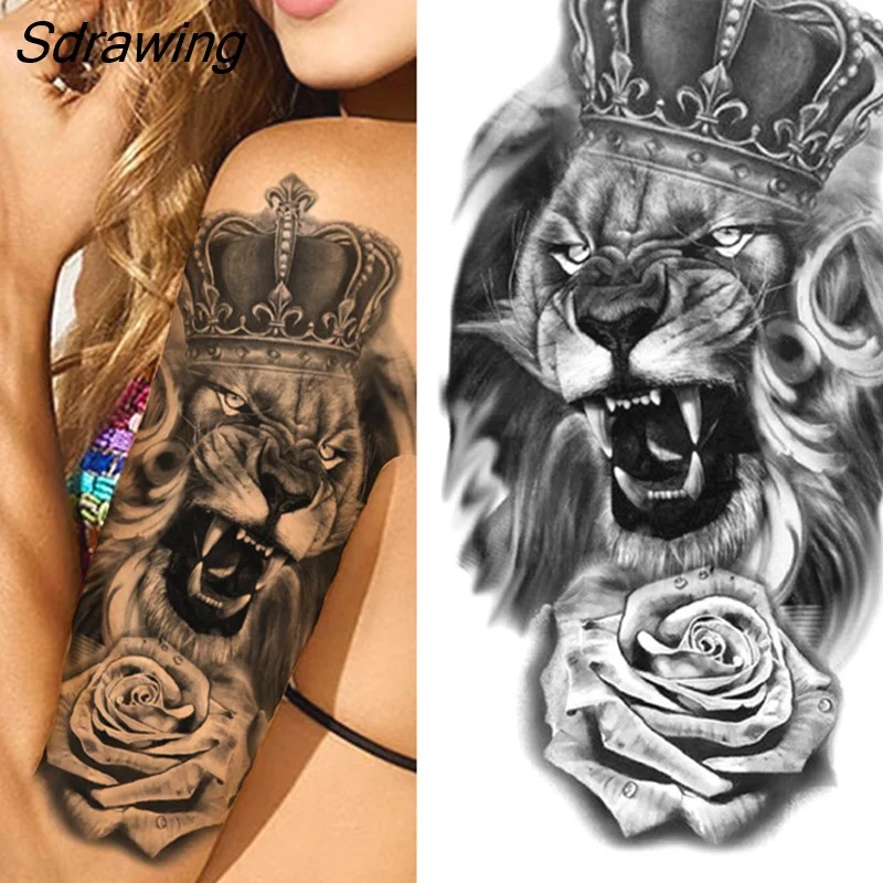 Sdrawing Tiger Temporary Tattoo For Men Women Fake Lion Half Sleeve Skull Tattoos Sticker Black Beast Flower Skeleton Tatoos Paste