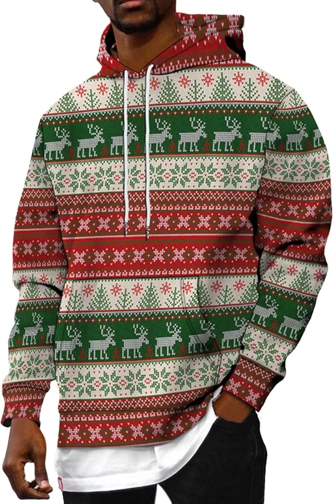 Men's Casual Sports Christmas Reindeer Series 3D Digital Printed Hooded Pullover