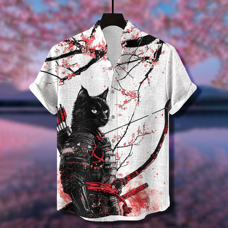 Japanese Style Pink Cherry Blossom Tree Under Black Cat Samurai Pattern Casual Cotton Shirt  artssus