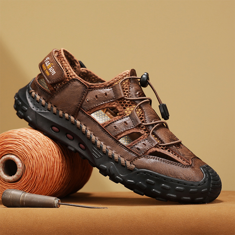 Handcrafted Men's Leather Elastic Strap Sandals Comfort Breathable Non-Slip Outdoor Shoes | ARKGET