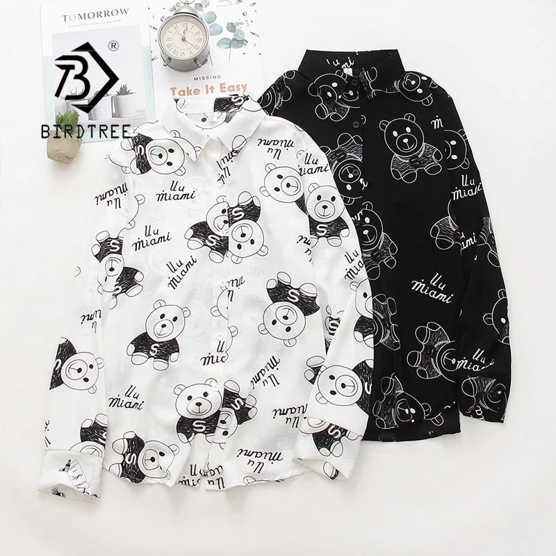 New Women Vintage Bear Print Chiffon Blouse Full Sleeve Button Up Turn Down Collar White Shirt Casual Office Lady Autumn Tops T1