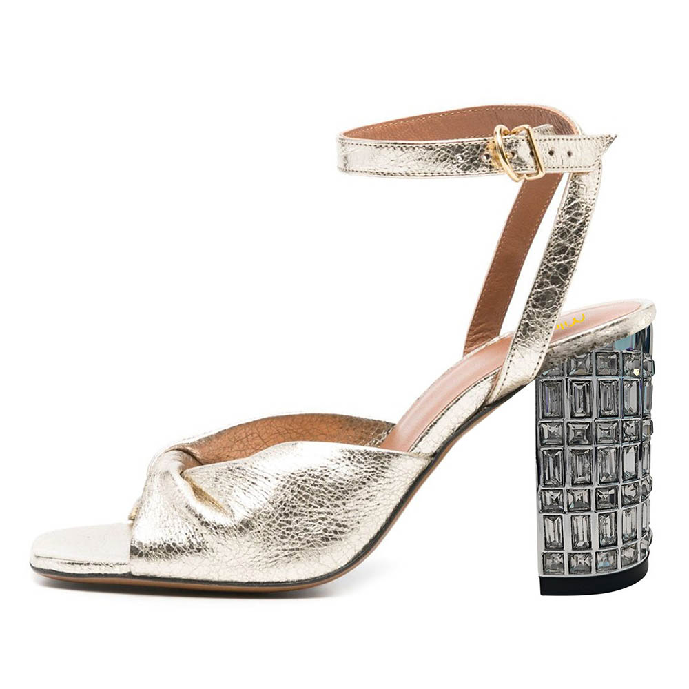 Square Toe Ankle Strap Buckle Chunky Heel Gold Sandals for Women Nicepairs