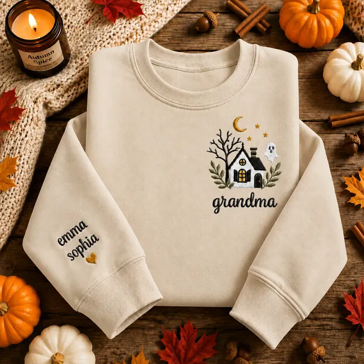 Personalized Grandma Halloween Sweatshirt, Embroidered Grandma Ghost House Pullover, Custom Grandkids Names Sleeve Cozy Fall Gift