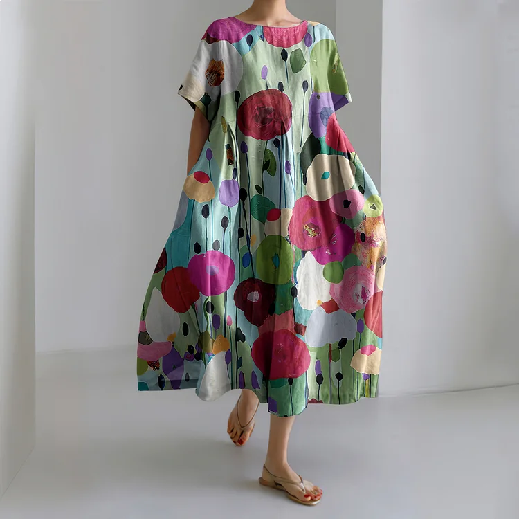 Floral Art Painting Linen Blend Maxi Dress