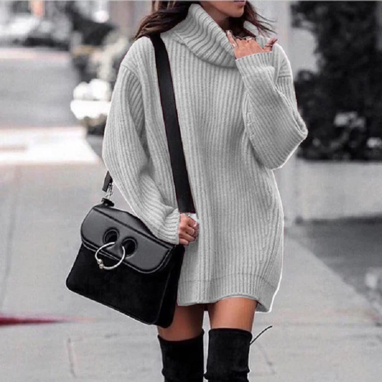 Wongn Wongn And Winter New Women's High Collar Medium Long Knit Jumper Long Sleeve Dress Sweater Women's Clothing
