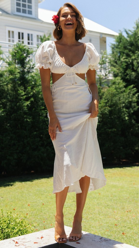 V Neck Puff Sleeve Waist Cutout Midi Dresses