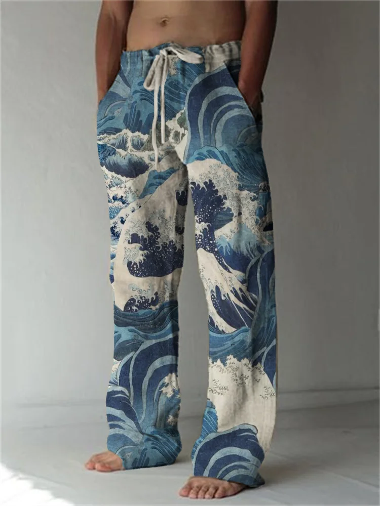 Sea Waves Japanese Ukiyo-e Art Linen Blend Pants
