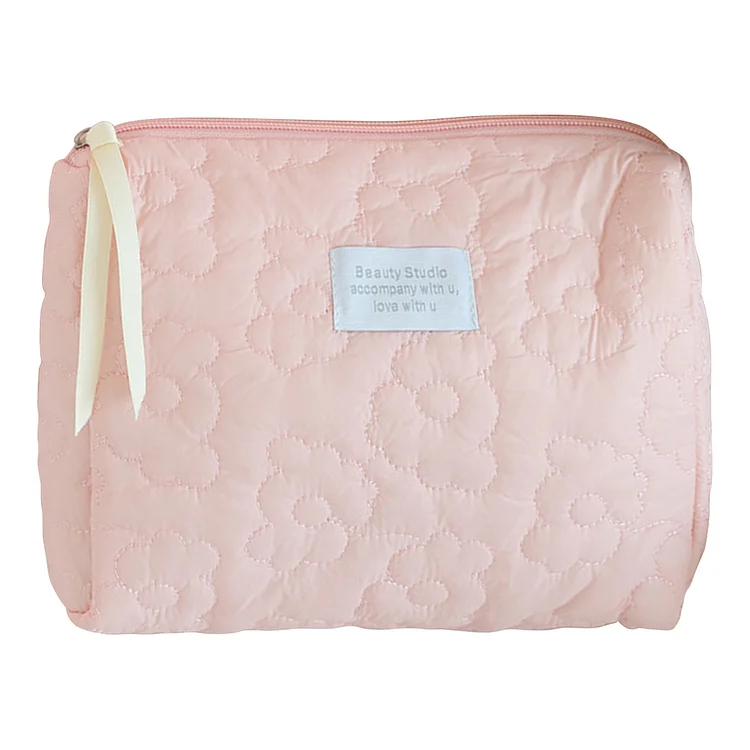 Quilted Flower Cosmetic Bag Cute Storage Bag Large Capacity Soft for Work (Pink)