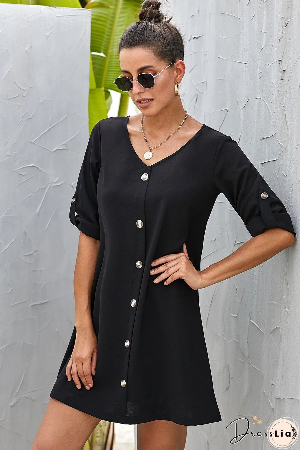 Buttoned V-Neck Dress