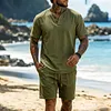 Men's Casual Linen Henley T-Shirt And Shorts Set by Inlyline